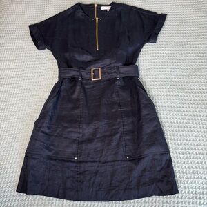 Reiss Lianna 100% Linen Belted Day Dress Womens 4 Navy Blue Lined Career Office